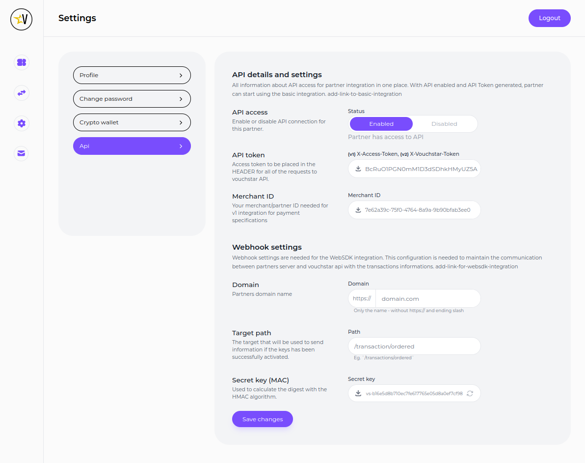 Vouchstar User API Settings
